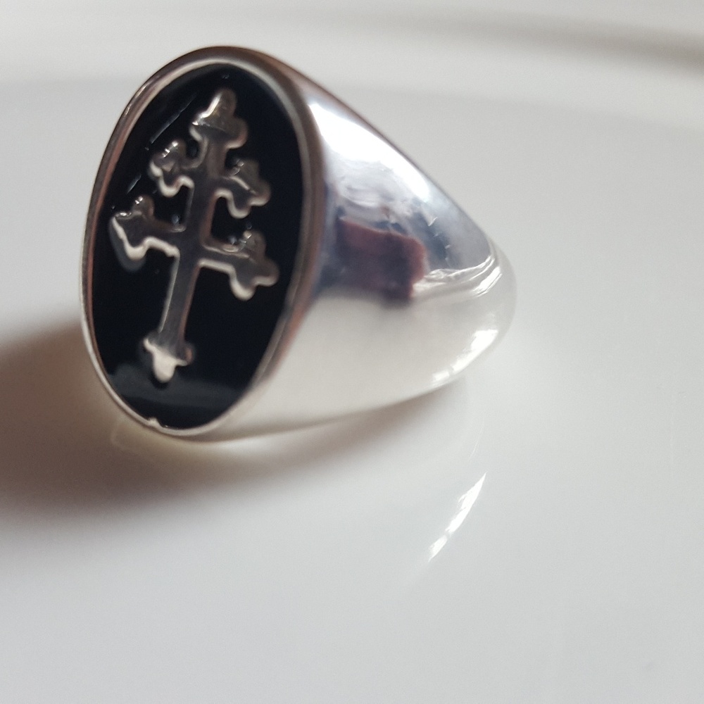 Sterling Silver Men's Signet Ring Black Cross Inlay